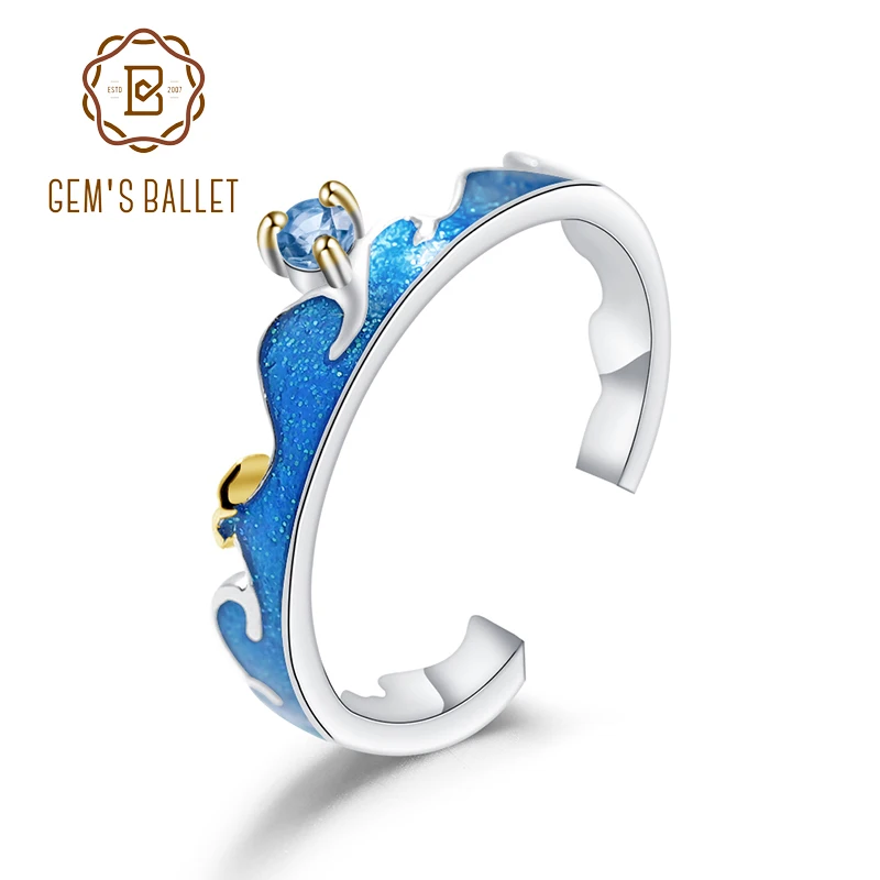 

GEM'S BALLET 925 Sterling Silver HANDMADE Enamel Open Adjustable Ring Natural Blue Topaz Couple Rings For Women Fine Jewelry