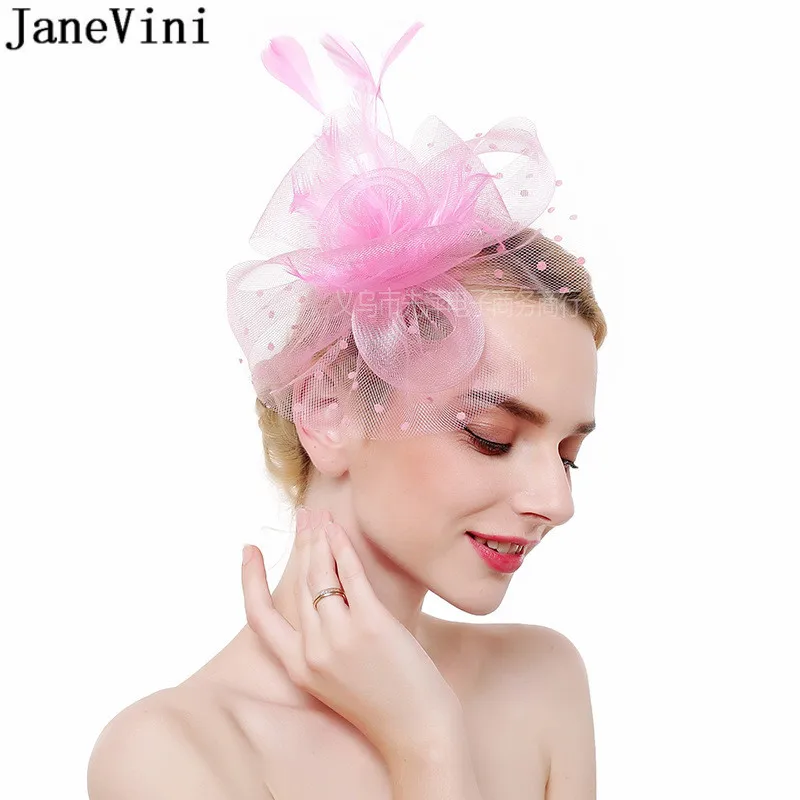 JaneVini Woman Wedding Fascinator Hat Headbands Ladies Feather Hair Clip Pink White Party Headwear Chapeau Bibi Femme Mariage
