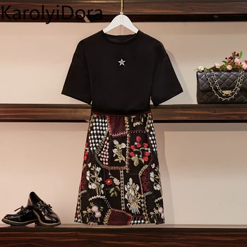 

New 2020 Summer Short Sleeve Beading Black Tshirt Loose Women Suits + Vintage Mesh Floral Embroidery Pencil Skirt Suits