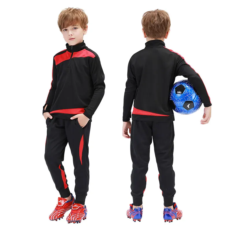 Детские футбольные мужские футбольные комплекты Джерси Плюс Вельветовая тренировочная рубашка с длинными рукавами комплект с шортами для мальчиков-близнецов Джерси Diy именной номер - Цвет: Black Red