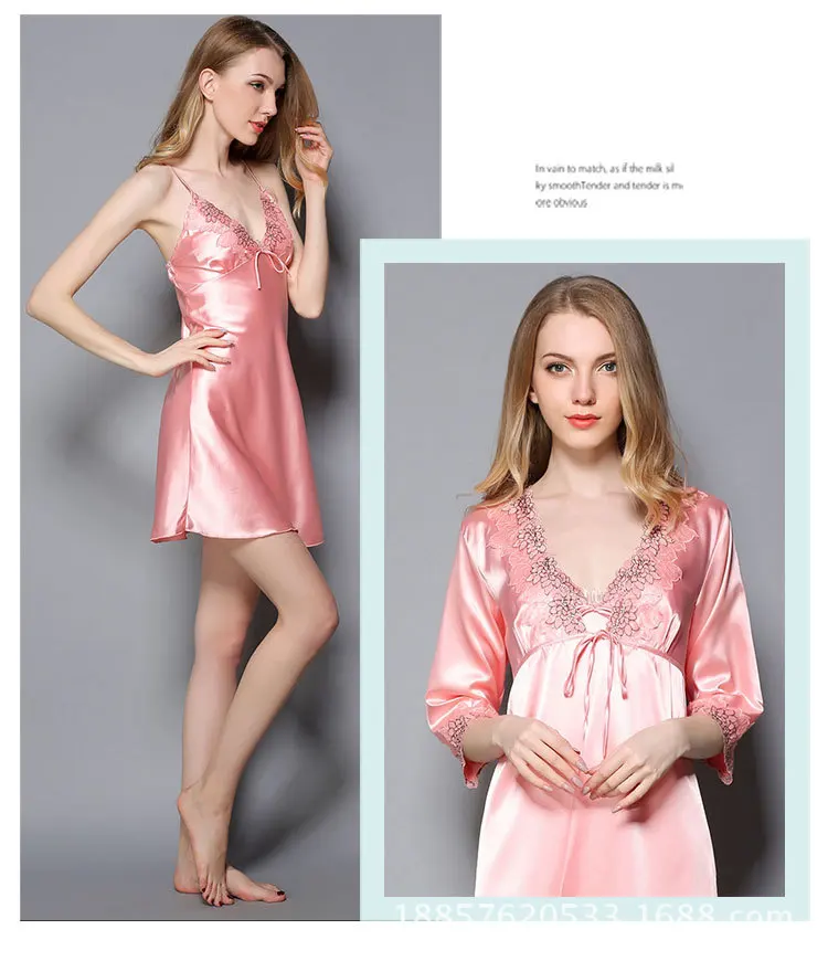 Summer New Style Imitated Silk Fabric Women's Robes WOMEN'S Suit Strapped Dress+ Robe Imitated Silk Fabric Two-Piece Set