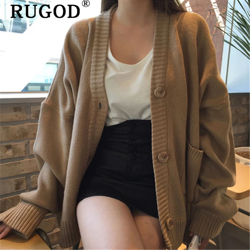RUGOD, корейский вязаный женский кардиган, свитер, Ретро стиль, однотонный, однобортный, верхняя одежда, женская мода, зимнее, негабаритное, вязаное пальто
