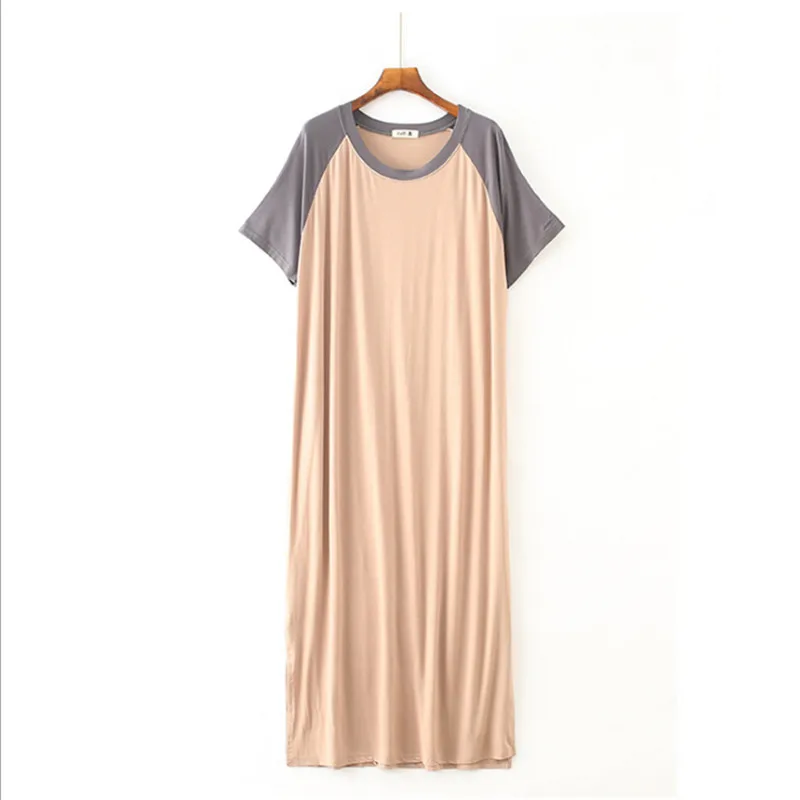 Free size women's nightgowns brief causal modal material round neck candy color patchwork calf-length softy sleep dress