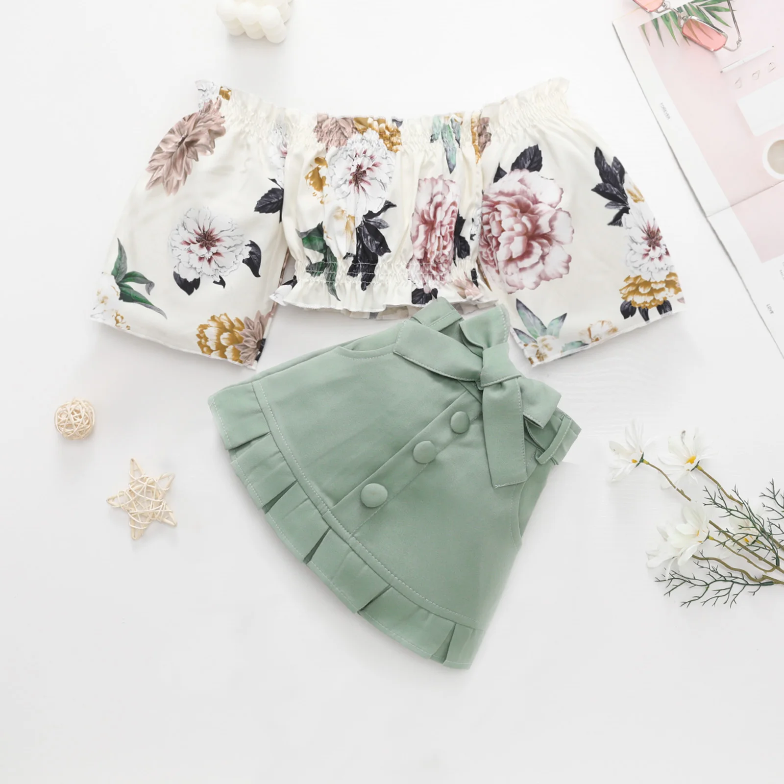 Kids Girls Clothing Sets 1-6Y Autumn Floral Off Shoulder Long Sleeve Tops Buttons Mini Skirts Casual Outfits