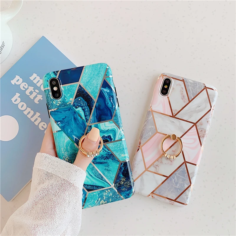

Ring Marble Plating Geometry Glossy Phone Case For iPhone XS MAX XR X 7 8 6 Plus