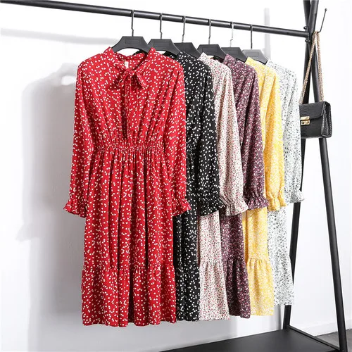 

2019 New Free Shipping Fashion Autumn Winter Sweet Chiffon Dresses Broken Flowers Lace Bottom Women Work Wear Dresses