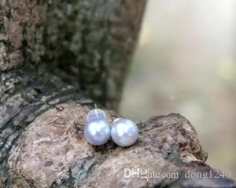 Elegante 9-10mm Mar del Sur plata gris perla pendiente 18 K