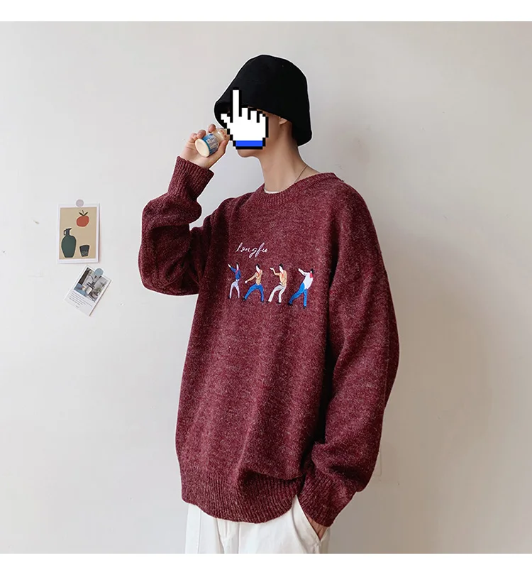 Autumn New Cartoon Men's Sweater Ins Hong Kong Sweaters Long Sleeve O-neck Korean Loose Thick Male Sweaters Sueter De Hombre
