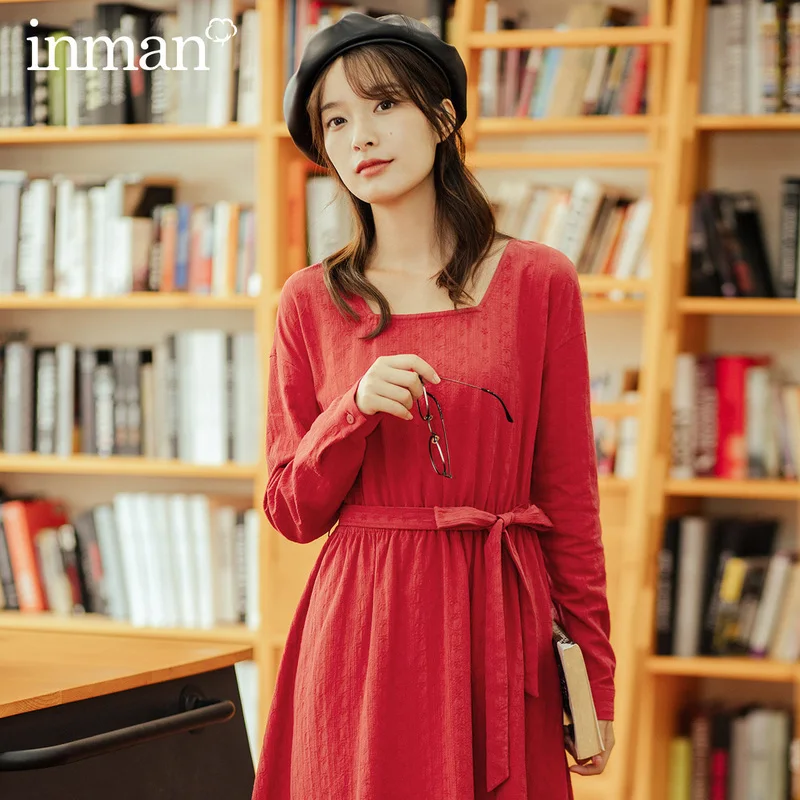 INMAN 2020 Autumn New Arrival Elegant Lady Retro Style Solid Color Jacqueline Square Collar Women Long Sleeve Dress INMAN 2020 Autumn New Arrival Elegant Lady Retro Style Solid Color Jacqueline Square Collar Women Long Sleeve Dress