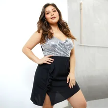 Платье большого размера, платье с блестками, Европа и Америка, крест, глубокий v-образный вырез, сексуальный камзол, облегающая короткая юбка