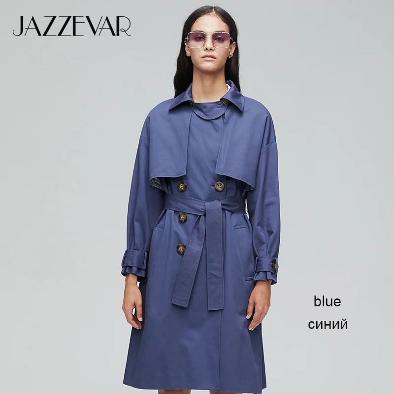 JAZZEVAR Новое поступление осенний плащ хаки пальто женская повседневная верхняя одежда пальто высокого качества хлопок с поясом модные женские плащи 9009-1 - Цвет: blue LTS03