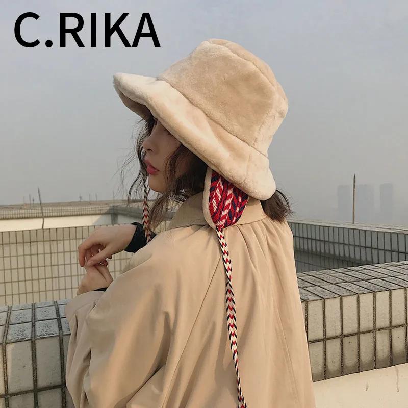 

Winter Faxu Lambswool Bucket Hat for Women Ribbon Thick Warm Female Girls Bob Outdoor Sunscreen Panama Lady Ear Protection Cap