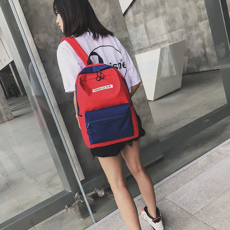 

Joint Contrast Color Canvas Backpack Women's 2018 New Style Lettered Casual Schoolbag Outdoor Sports Hiking Bag