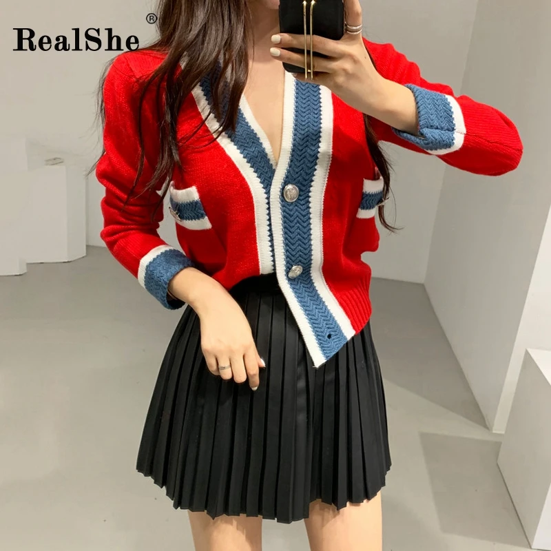 RealShe, женский кардиган,, v-образный вырез, длинный рукав, карманы, пуговицы, свитеры, кардиган для женщин, весна, Повседневный, тонкий, Свитера для девушек