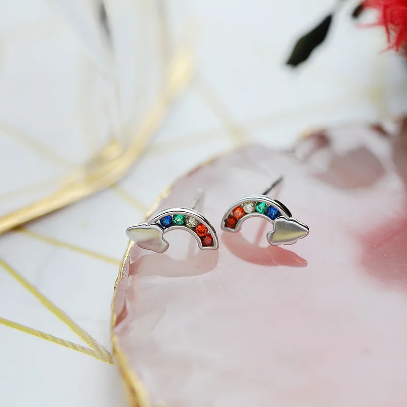 Радужные серебряные серьги гвоздики OBEAR милые хипстерские женские корейские