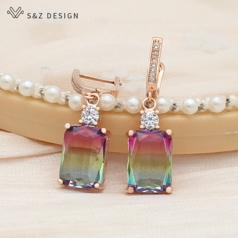 S&Z DESIGN New Fashion Rose Gold Color Cubic Zirconia Square Tourmaline Dangle Earrings For Women Wedding Fine Elegant Jewelry
