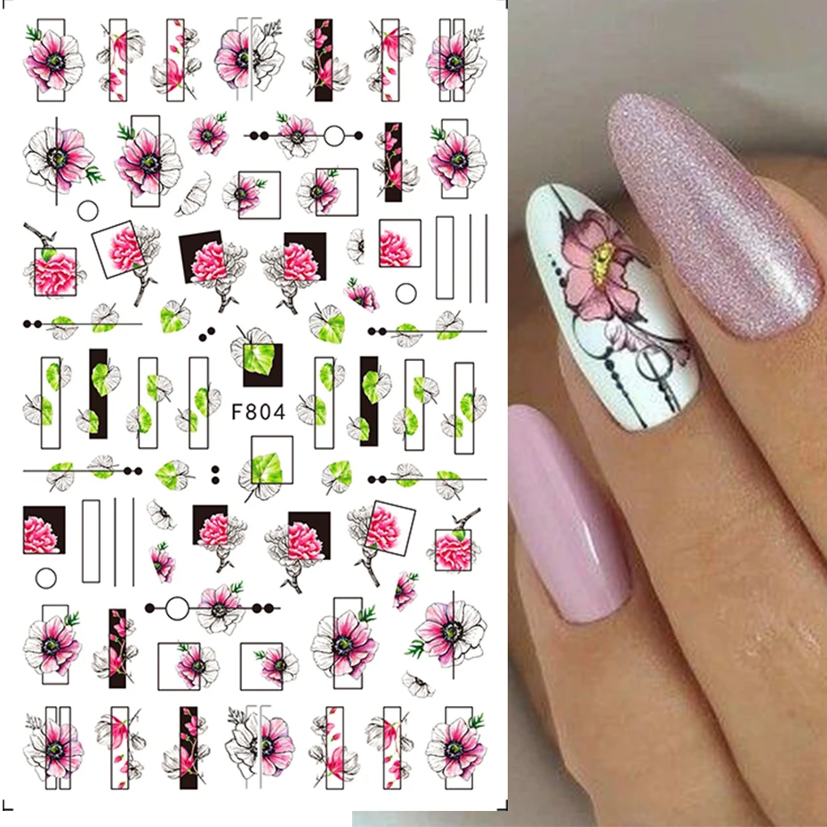 Stunning Floral Nail Decals 3D Stickers Lines Carnation Slider Geometric Flowers Leaf Art DIY Spring Manicure Foil LAF804 | Красота и