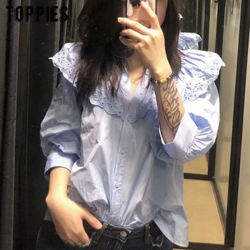 

cotton blue tops hollow out ruffles blouses summer short shirts three quarter sleeve shirts 2020 clothings