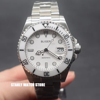 

Solid Bliger 43mm white dial men's watch Japan NH35 Automatic Movement Luminous Watches Sapphire Glass Mechanical Men's Relogio