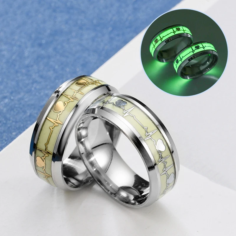 

New Heartbeat Luminous Rings Black Stainless Steel Ring For Men Women Glowing In The Dark Wedding Bands Finger Ring Jewelry