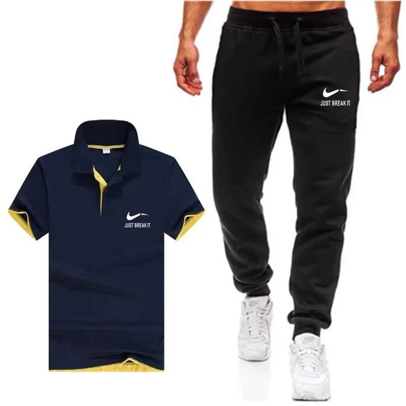 Black-Navy-Yellow Мужские комплекты, рубашки поло+ штаны, комплекты из двух предметов, повседневный спортивный костюм, мужские новые модные купальные костюмы с принтами, спортивная одежда, спортивные тренажеры, фитнес-брюки - Цвет: Black-Navy-Yellow
