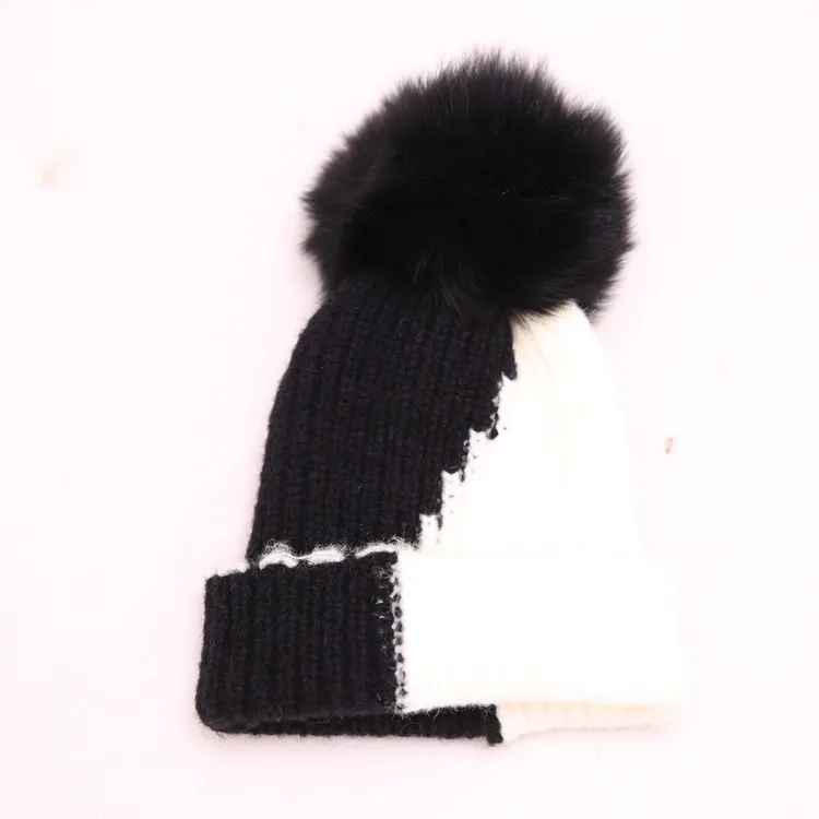 Новинка, женские зимние вязаные шапки Skullies Beanies со съемным лисьим мехом и помпонами, пушистые меховые шапки - Цвет: black