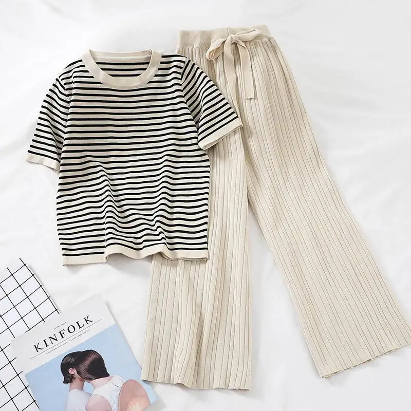 Women Tracksuit Summer Striped Blouse and Pants 2 Piece Sets Korean Casual Loose Outfits Knitted 2020 New Suits Women Tracksuit Summer Striped Blouse and Pants 2 Piece Sets Korean Casual Loose Outfits Knitted 2020 New Suits