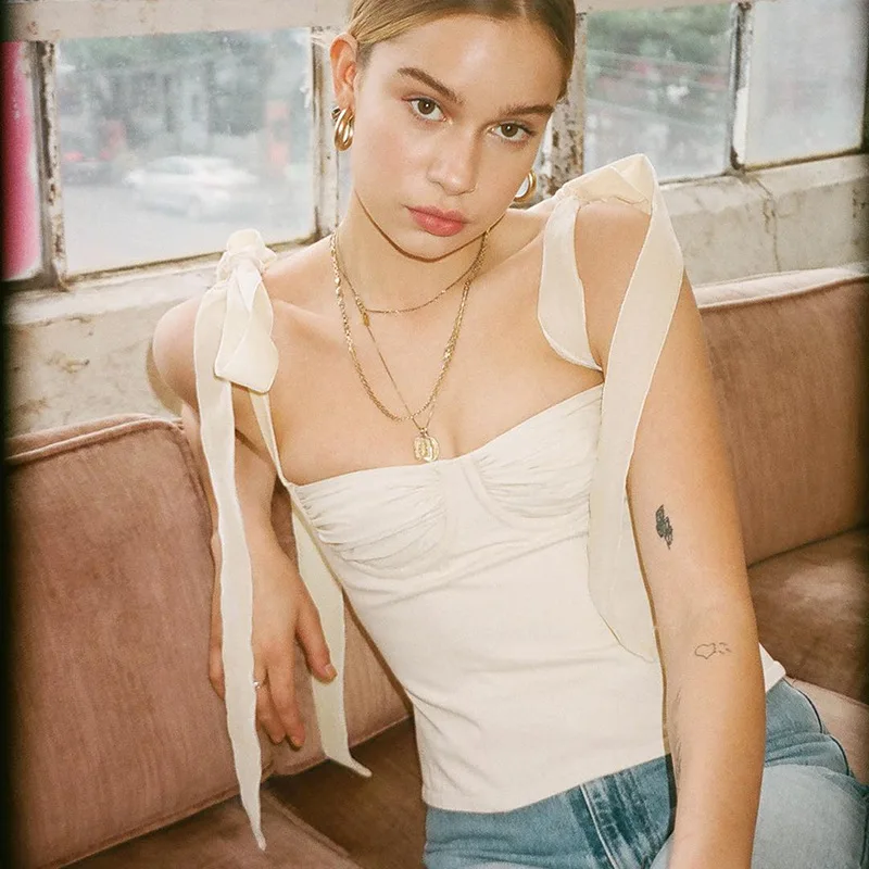 Hot Sale Summer Fashion 2020 New Arrivals Sexy Spaghetti Strap Ribbons Black White Ruched High Street Women Tops Crop Camis | Женская