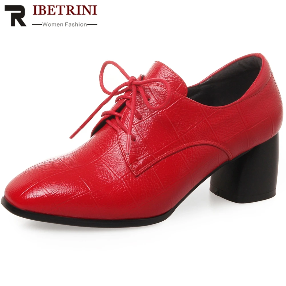 

RIBETRINI Fashion Spring Office Square Toe Shoes Woman lace-up High Heels Dress Pumps Women Brand Square Toe Ol Pumps