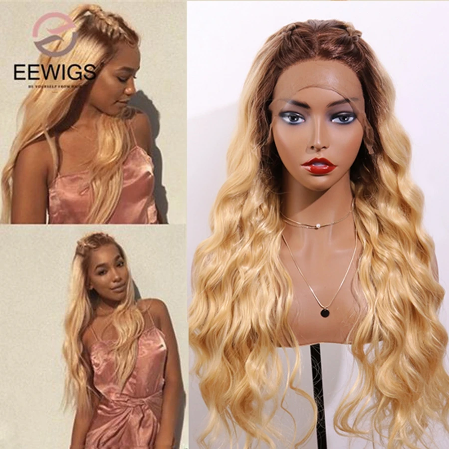 EEWIGS-Peluca de color rubio sin pegamento con malla frontal, pelo de fibra de alta temperatura sintético largo para mujeres negras