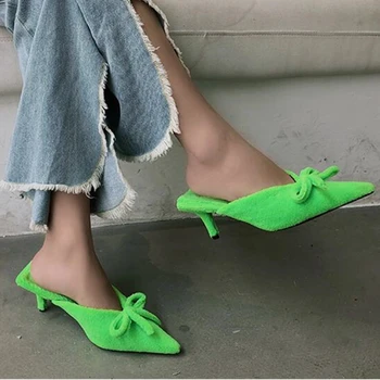 

zapatos de mujer cotton Woman Slippers Fashion Bowknot Slip On Pointed Toe Outdoor Slids Runway Party Dress Shoes High Heels