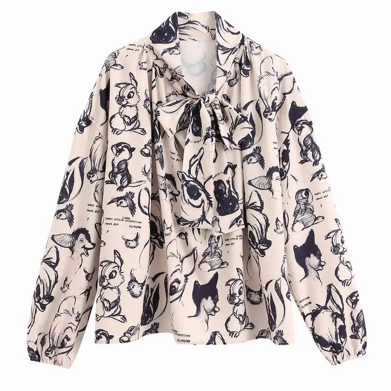

Stylish Women Loose Shirts Spring 2020 New Clothing Cartoon Prints Bow Collar Long Sleeve Blouse Modern Lady Wide Shirt