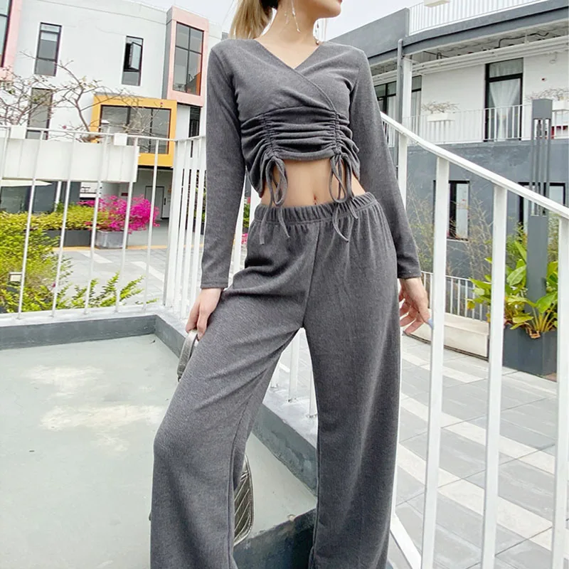 Women Sexy v neck Knitted Two-Piece Sets 2023 Spring summer Ladies Long Sleeves Tops&Long Pants Elegant Solid Color Leisure Suit
