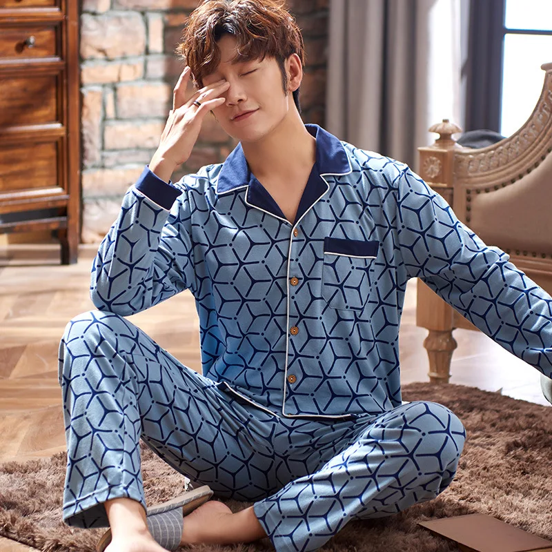 

77117 # Rhombus Grid Cardigan Am Men Long Sleeve Casual Tracksuit Pajamas Two-Piece Set Series