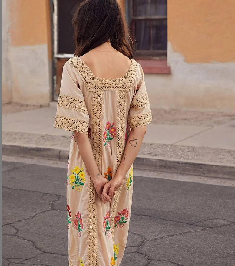 Boho шикарное женское пляжное богемное платье с цветочной вышивкой и коротким рукавом, женское льняное Хлопковое платье миди с воротником
