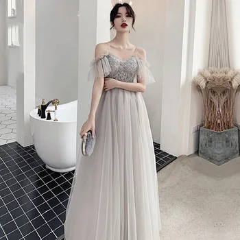 

Bridesmaid Dresses Gray Embroidery Sequin Wedding Party Gowns A-Line Long Elegant Women Dress Off The Shoulder Vestidos R064