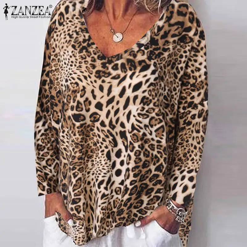  Plus Size Women Tops and Blouses Leopard Print Shirt 2019 ZANZEA Fashion New Long Sleeve Blusas Pul