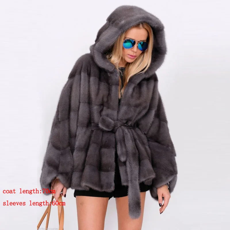 Шуба из натурального меха норки, шуба из натурального меха для женщин, зимняя верхняя одежда из натурального меха норки с капюшоном - Цвет: MKW-078