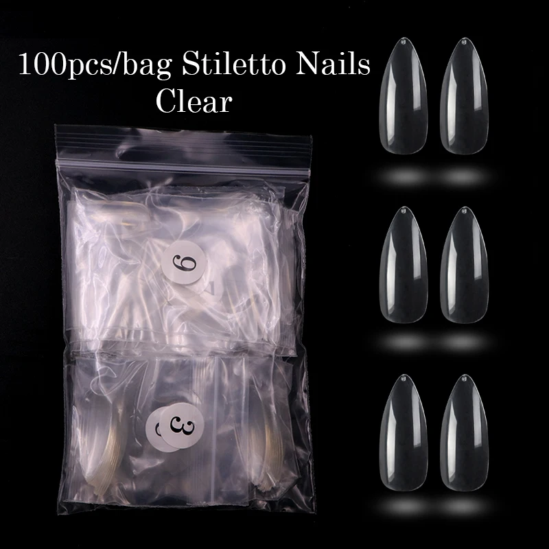 Stiletto Nails Clear Накладные ногти, 100 шт, Опп-пакет, белые/натуральные/прозрачные, длинные стилеты, гроб, ногти, балерина, акриловая, полное покрытие, накладные ногти - Цвет: Stiletto Nails Clear