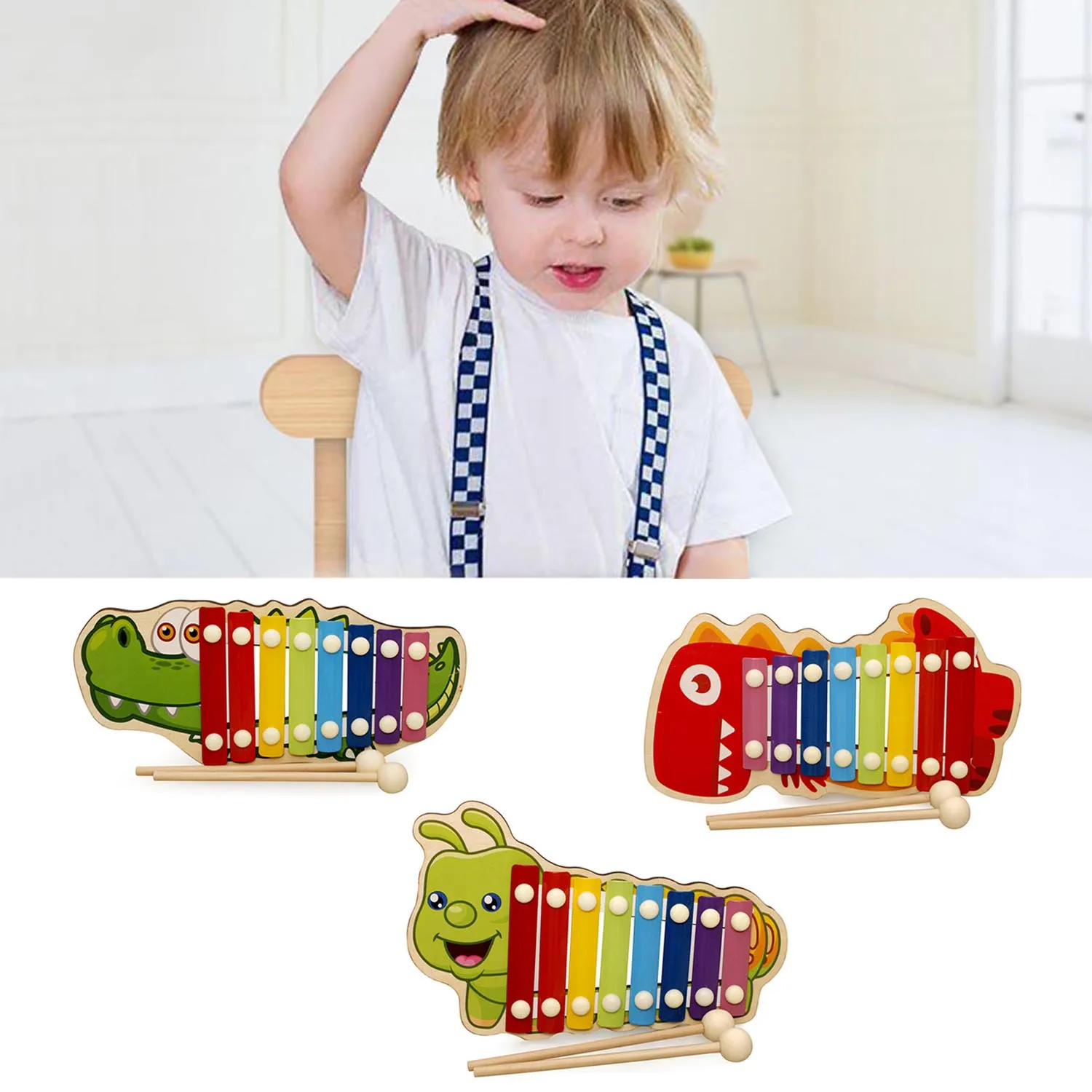 Cute Cartoon Animal Hand Knocking Xylophone Instrument Musical Educational Toy with 2 Wooden Sticks for Children Toodler Gifts