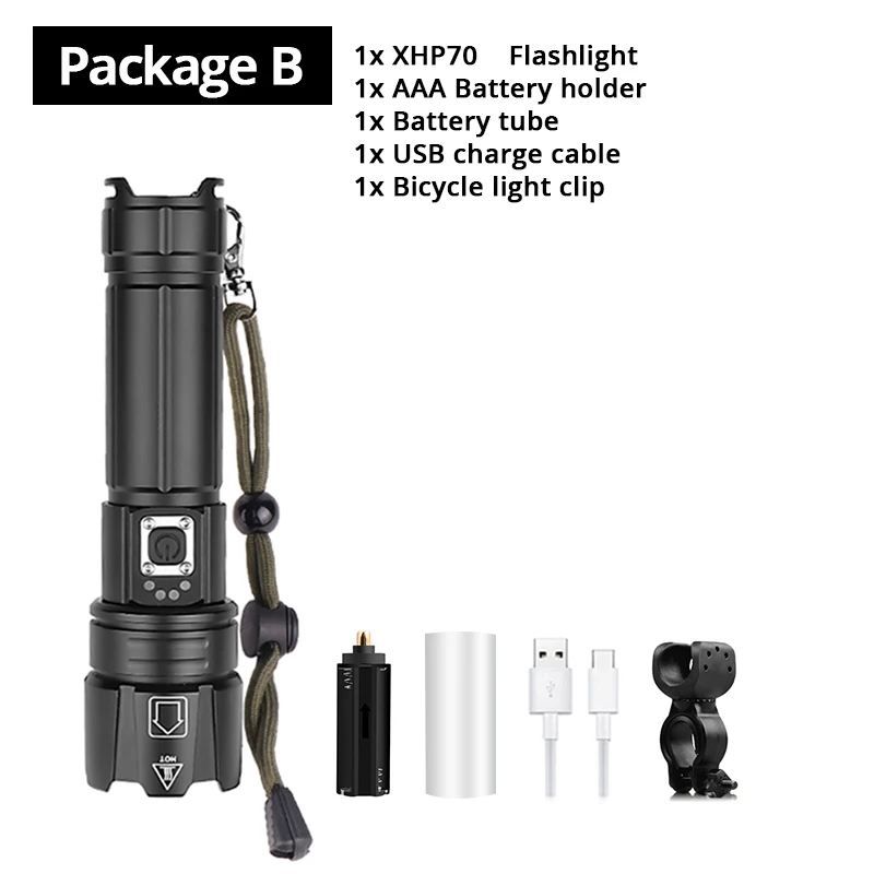 Package B Super Bright LED Bicycle Light XHP70 Flashlight USB Rechargeable Zoom Cycling Front Lamp Can Charge the Phone Outdoor Bike Light - Цвет: Package B