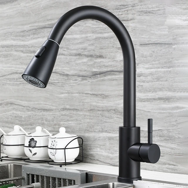 60cm Pull-out Kitchen Sink Faucet Single Hole Multifunction Hot And Cold Mixer Tap For Pure Water Midnight Black Stainless Steel A