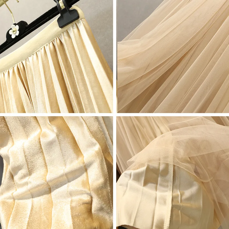 Golden Velvet Half-length Two-sided Yarn Skirt Female Autumn and Winter New High-waist Mesh Pleated Skirt