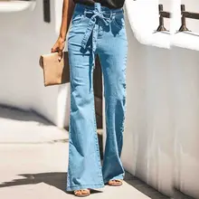 Новинка осени, джинсы для мам с поясом, на шнуровке, высокая талия, расклешенные, свободные, для женщин, Boyfriend, джинсовые брюки, широкие, расклешенные, джинсовые штаны