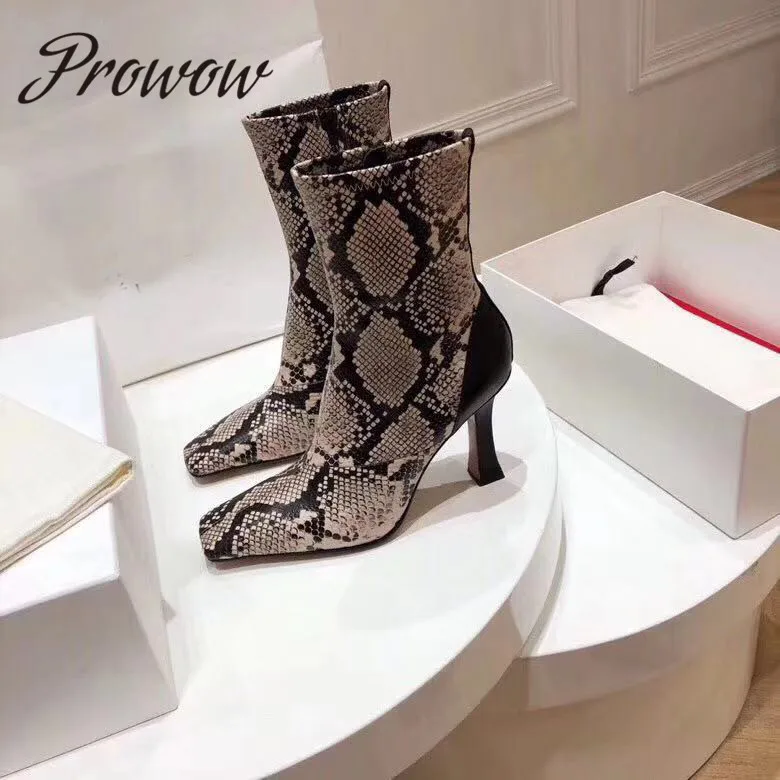 

Prowow New Snakeskin Genuine Leather Square Toe Autumn Winter Fashion Boots Zip Side HIgh Heel Runway Boots Shoes Women