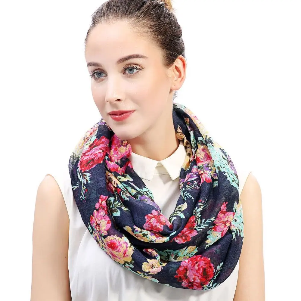 Navy Blue Floral Print Women's Infinity Loop Scarf Spring Lightweight