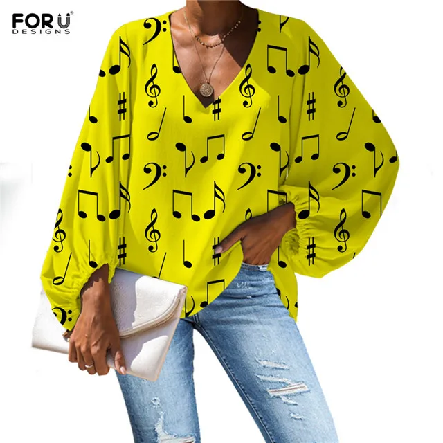 FORUDESIGNS/женские шифоновые блузки с v-образным вырезом и мелом и музыкальными нотами; повседневные рубашки с рукавами-колокольчиками на заказ; весенняя одежда - Цвет: HMC2937B2