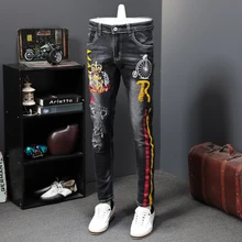 Осенние мужские эластичные длинные брюки с модным принтом, мужские джинсы с цветным рисунком, узкие джинсовые штаны, дизайнерские джинсы с принтом