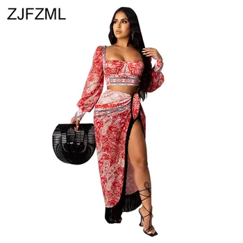 

Bandanna Print Sexy 2 Piece Skirt Sets Autumn Outfit Square Collar Long Lantern Sleeve Crop Top+side High Split Maxi Skirt Suits