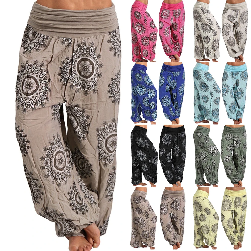 

Wide Leg Pants Women Summer Streetwear Aladin Flower Print High Waist Pants Elastic Bohemian Drawstring Trousers Plus Size 5XL